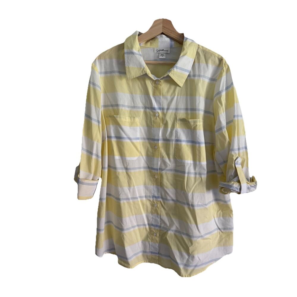 Women's 1X Yellow Striped Button-Up Cotton Shirt Roll Sleeve Casual Lightweight